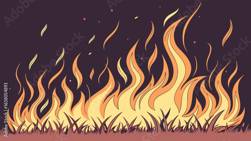 Stylized Illustration of Burning Flames with Grass and Sparks.