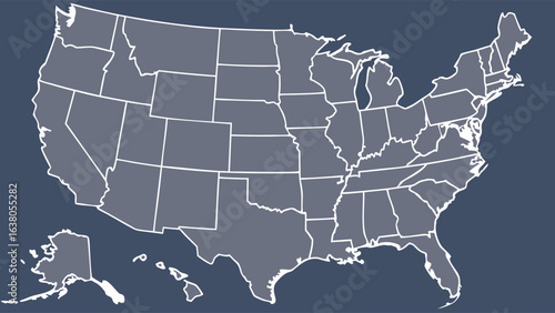 United States Map with State Borders Outline Style Gray and White.