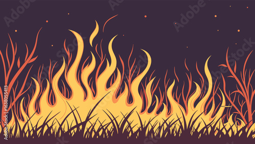 Vivid Flames Engulfing Grass and Bushes in Nighttime Blaze.
