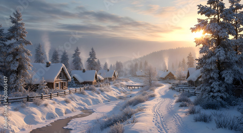 Peaceful winter village with snow-covered log cabins and smoking chimneys at golden sunrise.