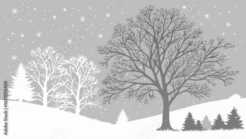 Winter Landscape Depicting Trees Snowflakes and Evergreen Trees.