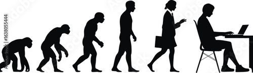 Evolution of human from ape to modern businesswoman working on laptop, professional progress, technology advancement, silhouette isolated on white background