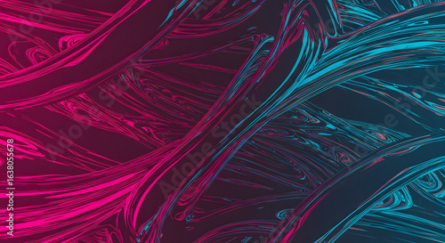 Abstract strands entwine, glowing with luminous pink and cyan hues, creating depth