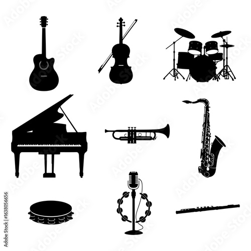 Black silhouette musical instruments including guitar violin piano drums saxophone