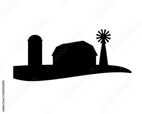 Monochrome silhouette of a farm with a barn, silo and windmill
