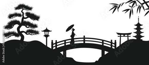 Japanese garden silhouette, traditional bridge, geisha with umbrella, pagoda, bonsai tree, bamboo leaves, oriental culture, peaceful nature scene.
