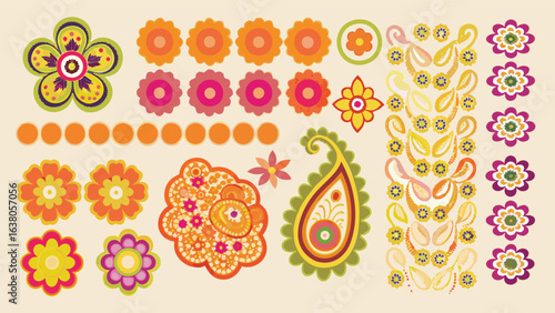 Illustration showing a variety of colorful floral and paisley designs on a light background