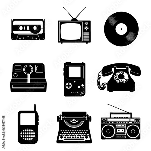 Collection of vintage technology icons including cassette tape television and phone