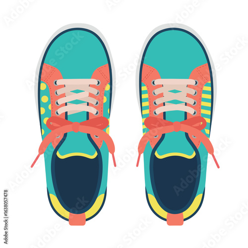 A pair of teal and coral canvas sneakers with yellow accents and tied laces, viewed from above.