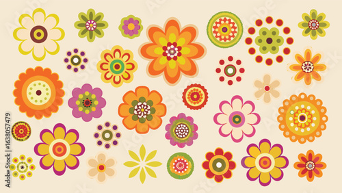 Collection of various colorful retro style flowers with different designs and petal arrangements spread out