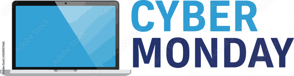 Naklejka premium A promotional banner for Cyber Monday featuring a laptop computer illustration on a white background.