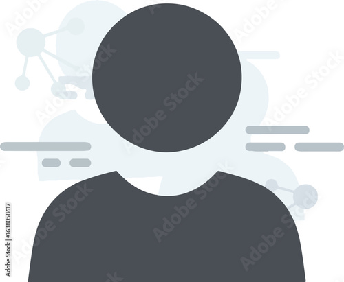 A dark gray silhouette of a person's head and shoulders over an abstract background with network and data graphics.