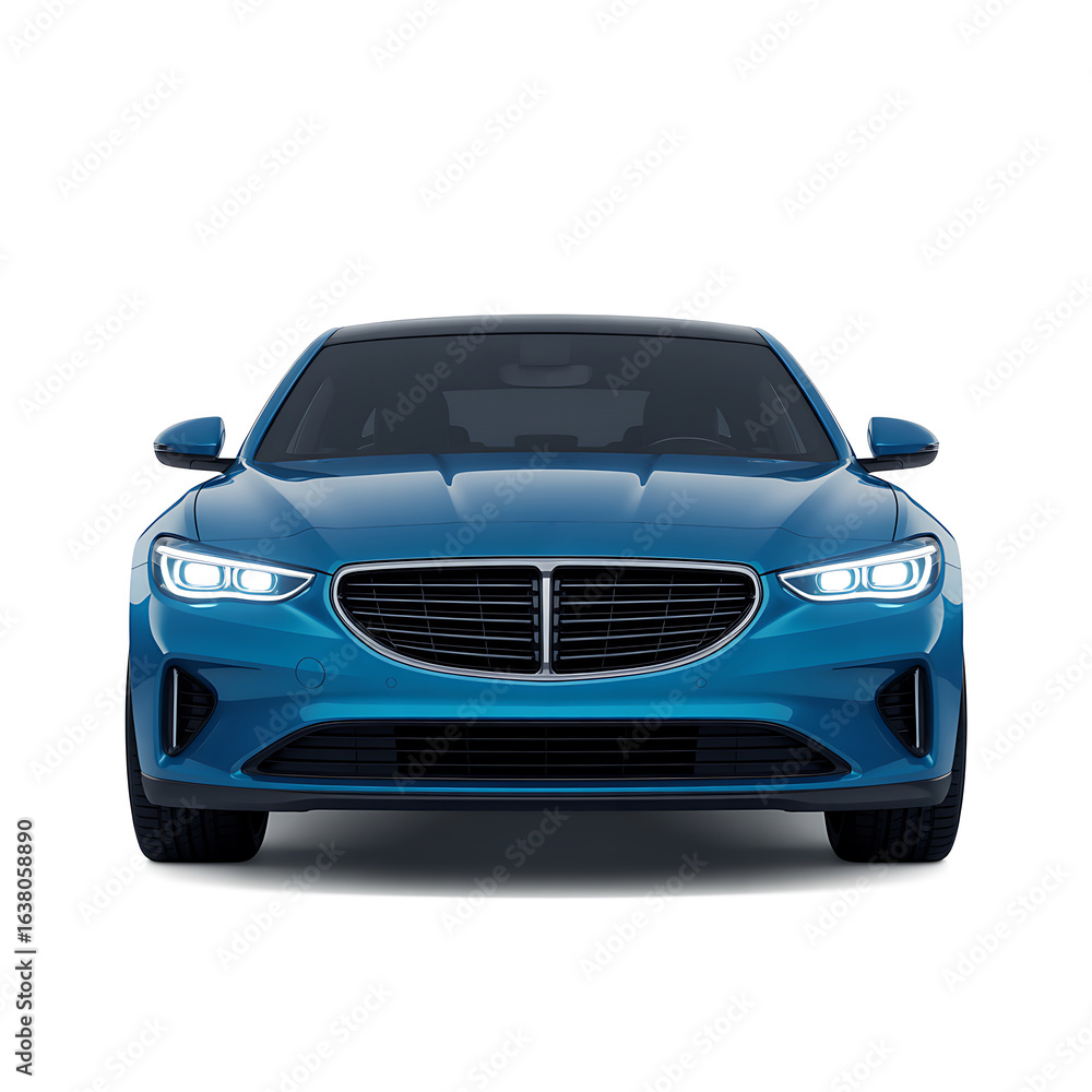 Naklejka premium Front view of a modern blue sedan car, isolated on white background