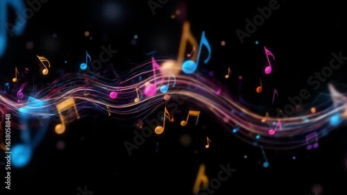 Music background with colorful musical notes on a black background. 4k video