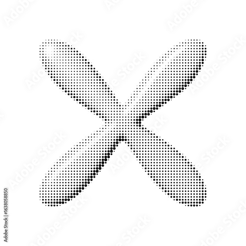 Abstract 3D cross shape in halftone dot style. Glossy X symbol with volume and smooth texture. Black and white pop-art vector on transparent background.