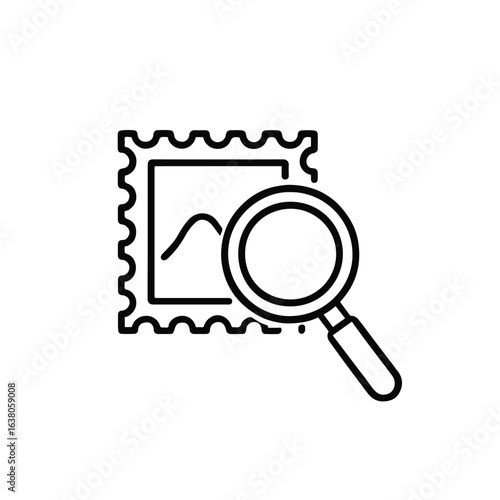 Vector art of magnifying glass over postage stamp isolated on white background