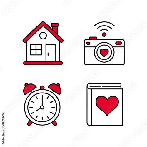 vector illustration four icons representing home camera alarm clock and book with hearts