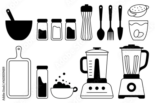 Collection of hand drawn kitchen utensils and appliances