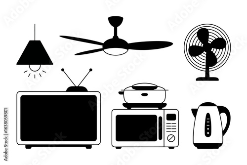 collection of household appliances and lighting fixtures