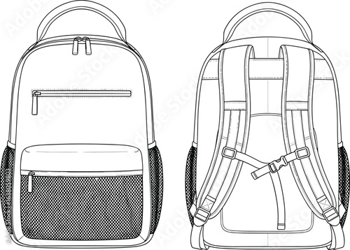 Modern backpack front and back view, detailed outline illustration, travel gear, school bag design, hiking backpack, outdoor adventure accessory, storage compartments