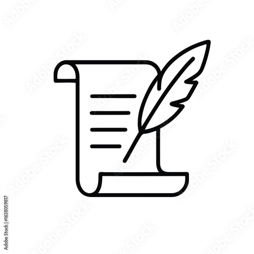 Vector art of feather pen and scroll document isolated on white background