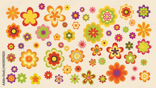 Collection of various colorful retro style flowers scattered on a light background creating a floral pattern