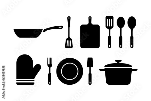 vector illustration collection of black kitchen utensils and cookware silhouettes