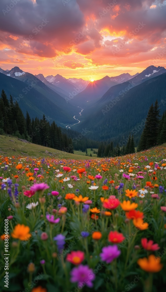 Fototapeta premium Colorful wildflowers bloom in Vail Valley during vibrant sunset. Mountains form majestic backdrop to scenic meadow. Rich green plants, floral variety create picturesque landscape perfect for nature