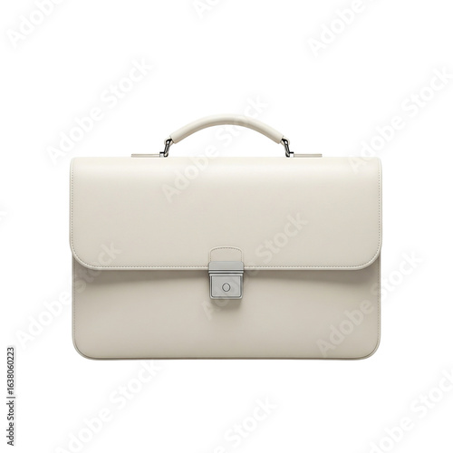 Off-white leather briefcase with silver clasp and handle isolated on transparent background