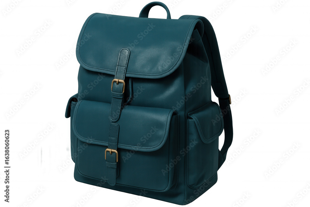 Naklejka premium Stylish teal backpack with buckles, isolated on a transparent background, ready for travel or school