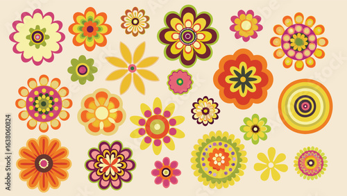 A collection of various colorful retro style flowers arranged on a light background in a flat design