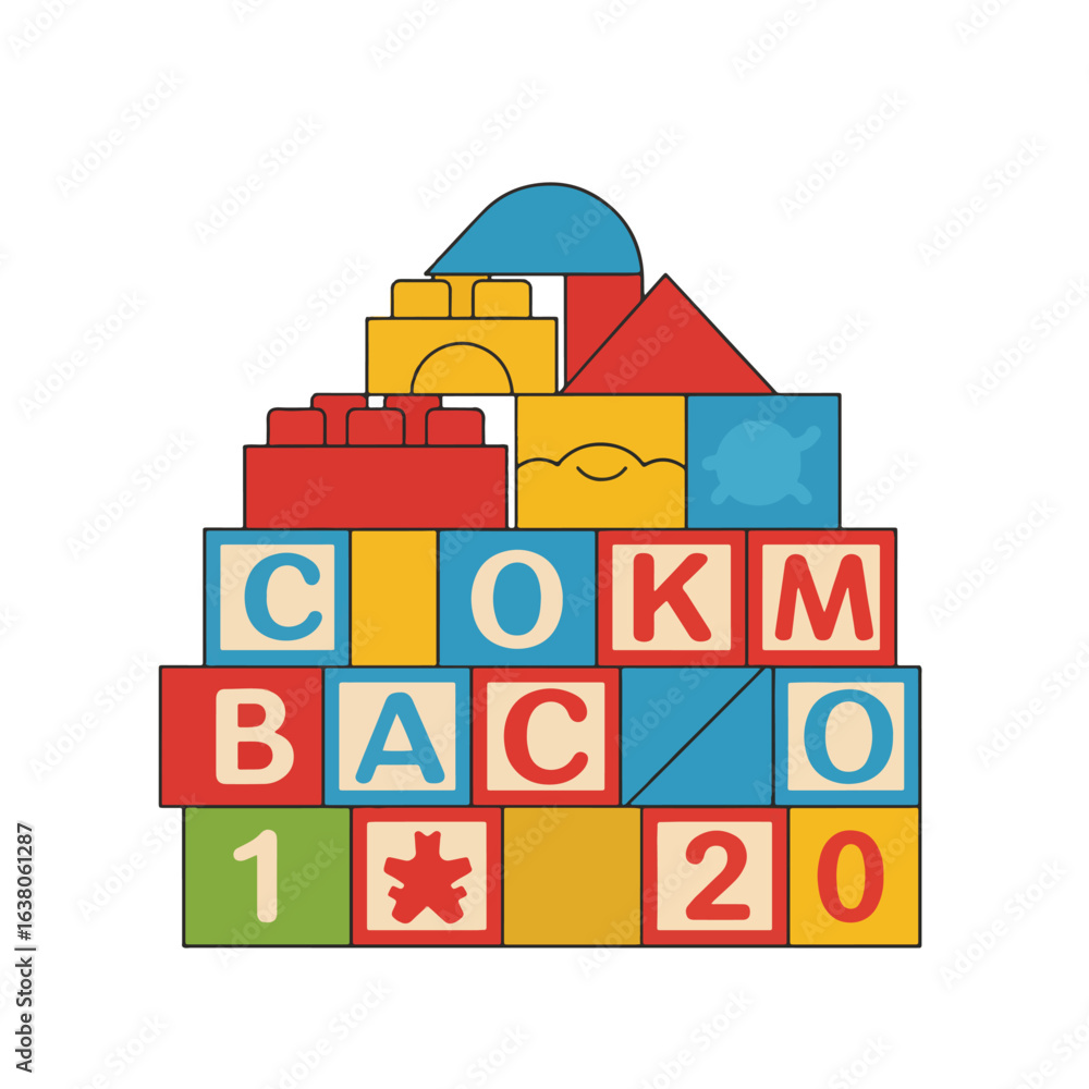 Fototapeta premium Colorful alphabet blocks and building toys stacked in a pyramid shape.