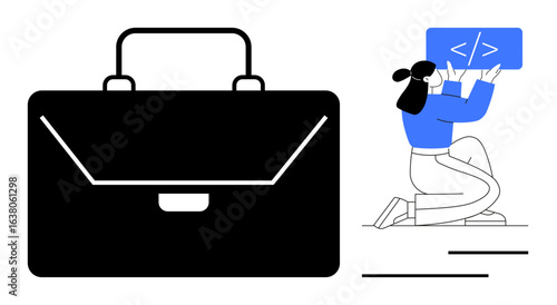 Large briefcase symbolizing business paired with a woman writing code. Ideal for tech careers, entrepreneurship, team building, innovation, e-commerce, startups, simple landing page