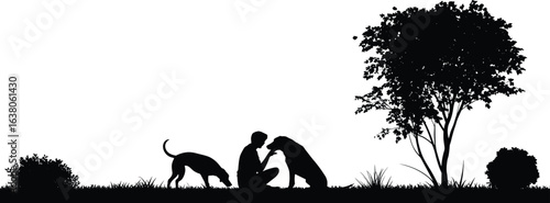 Silhouette of man sitting with two dogs in nature, outdoor pet friendship, peaceful environment, tree and grass, animal companionship, calm, leisure time
