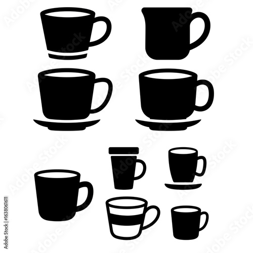 Collection of Simple Black Silhouette Coffee Cups and Mugs;  Various Styles and Sizes;  Clean Minimalist Design;  Perfect for Menu or Website.