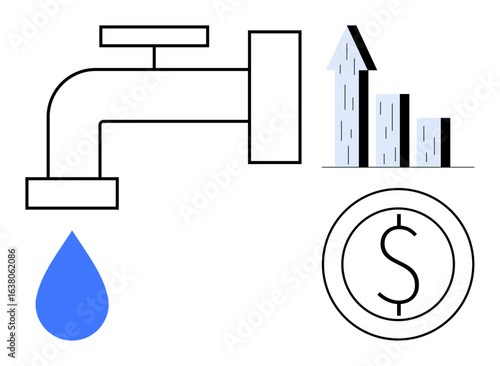 Water tap dripping, bar graph illustrating upward growth, and coin symbolizing monetary value. Ideal for resource management, sustainability, water conservation, financial analysis, investment