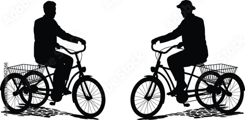 Silhouette of two adult men riding tricycles with basket, vintage transportation concept, black vector illustration on white background