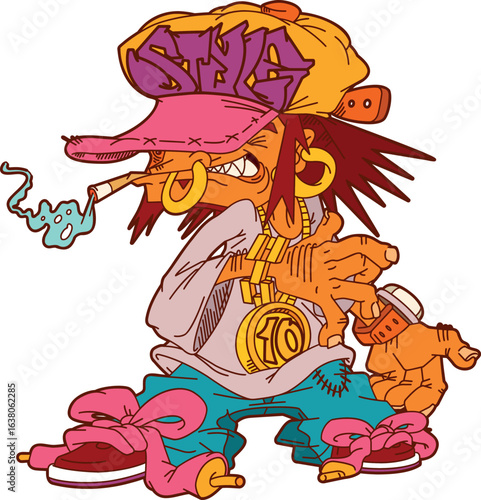 STYLISH CHARACTER WITH CLASSY CLOTHING, CIGARETTE, CAP AND STREET LIFESTYLE - HIP-HOP, MUSIC AND GRAFFITI