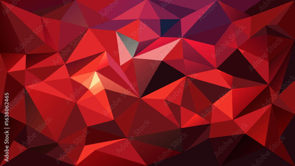 Vector art of vibrant red abstract geometric background with sharp triangular polygons and dynamic light and shadow play, creating a modern and energetic visual texture