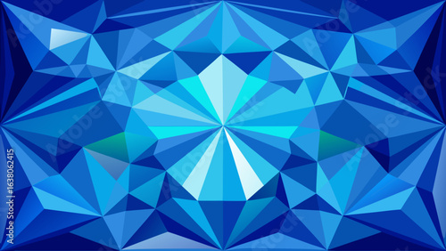 Vector art of abstract geometric pattern of blue faceted crystal, resembling a sapphire or diamond, with intricate facets and a luxurious, sparkling appearance