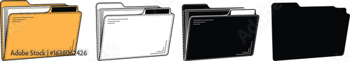 Open manila folder icon in color line art shaded and silhouette versions