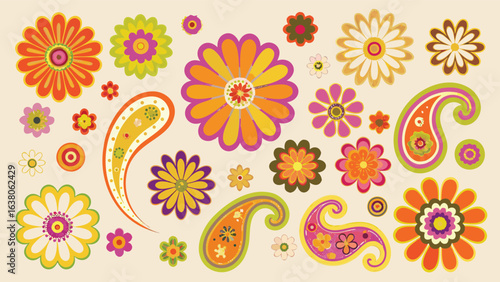 Collection of colorful flowers and paisley patterns scattered on a light background image design