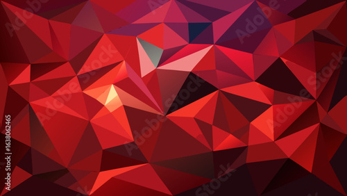 Vector art of vibrant red abstract geometric background with sharp triangular polygons and dynamic light and shadow play, creating a modern and energetic visual texture