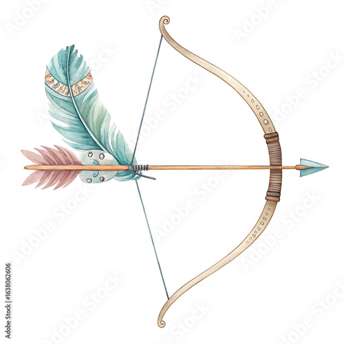 A whimsical watercolor bow and arrow beach drawing, elegant archery clipart with colorful feathers for bohemian design.