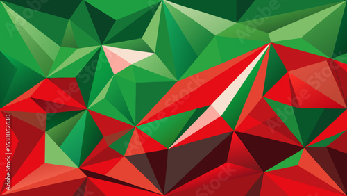 Vector art of abstract geometric low poly background with red and green colors, resembling a faceted crystal or a modern christmas holiday design