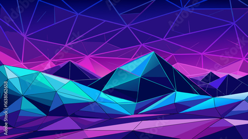 Vector art of abstract geometric low poly landscape with blue, purple, and pink neon colors, evoking a futuristic cyberpunk or retrofuturistic night scene