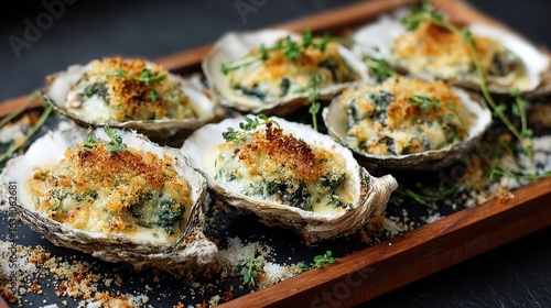 Baked oysters Rockefeller served on a tray, topped with bread crumbs and herbs