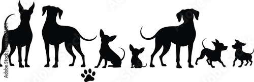Silhouette of various dog breeds and puppies, pet animals in different poses, playful canines with paw print, black vector design.