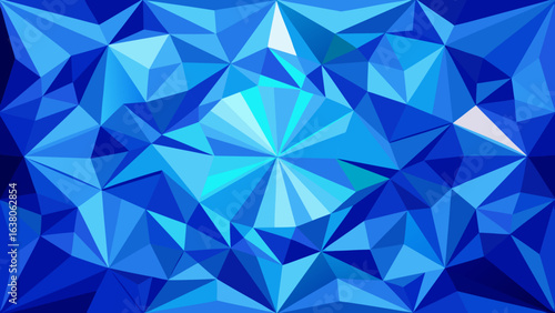 Vector art of radiant abstract geometric low poly crystal design with a central starburst effect in vibrant blue hues, creating a modern and captivating digital art background