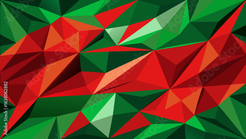 Vector art of vibrant abstract geometric low poly pattern with red and green triangles creating a dynamic and modern design with sharp angles and a faceted texture